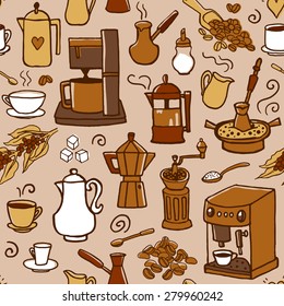 Seamless vector pattern with coffee beans, coffee pot, coffee maker, coffee mill cups.  Hand-drown vintage background. Brown color