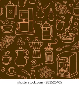 Seamless vector pattern with coffee beans, coffee pot, coffee maker, coffee mill cups. 
Hand-drown vintage background. Brown color