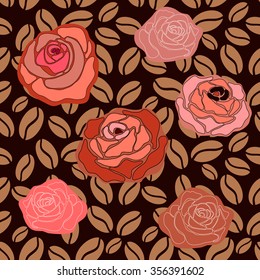 Seamless vector pattern with coffee beans and vintage roses. Retro textile collection. Backgrounds & textures shop.