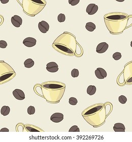 seamless vector pattern with coffee beans and cups