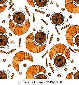 Seamless vector pattern with coffee beans, cinnamon, cup of coffee and croissant. Handdrawn doodle illustration.