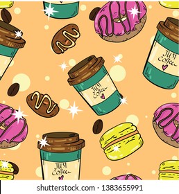 Seamless vector pattern with coffee, candy, macaroon, donut and coffee beans on light brown background. Good for printing. Wallpaper, fabric and textile  design. Wrapping paper pattern. Cute pattern.