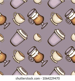 Seamless vector pattern with coffee cups. Template for menu design, wrapping paper and textile. Tasty drinks collection.