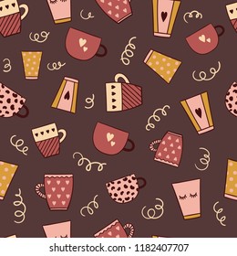 Seamless vector pattern with coffee cups.On brown background with yelliw and pink colors.