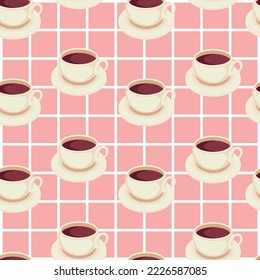 Seamless vector pattern with coffee cups on a pink checkered tablecloth background