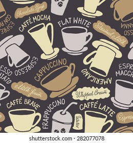 Seamless vector pattern with coffee cups. Hand-drown vintage background. 