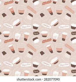 Seamless vector pattern with coffee cups. Hand-drown vintage background. Pastel colors