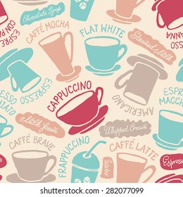 Seamless vector pattern with coffee cups. Hand-drown vintage background. Pastel colors