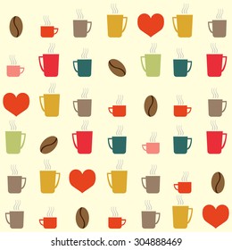 Seamless vector pattern of coffee cups, hearts and coffee beans. Vector 10 eps for your design.
