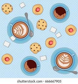 Seamless vector pattern with coffee cups and cookies 