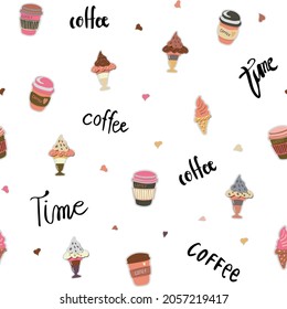 Seamless vector pattern with Coffee elements, lettering. Wallpaper, scrapbooking, textie and other surface design. 