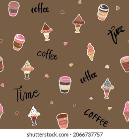 Seamless vector pattern with Coffee elements, lettering. Wallpaper, scrapbooking, textie and other surface design. 