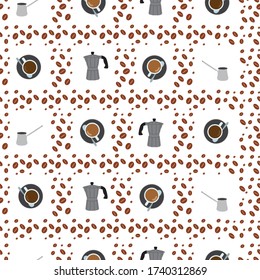 Seamless vector pattern. Coffee grains, a cup of coffee, coffee maker. Isolated on a white background. Vector graphics