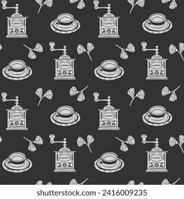 Seamless vector pattern with coffee illustrations in linocut style. Retro style of elements, consist coffee grinder and cup