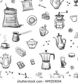 
A seamless vector pattern coffee. Isolated pictures on a white background. 