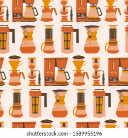 Seamless vector pattern. Coffee makers on light background, flat hand-drawn illustration. Orange and brown color palette. Cafe branding design element.