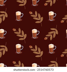 A seamless vector pattern with coffee mugs and autumn leaves. Perfect for cozy autumn-themed designs and home decor.