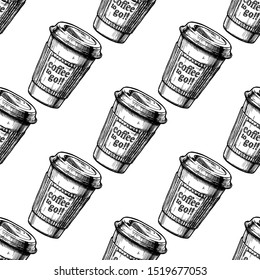 Seamless vector pattern with coffee paper cups. Black-and-white illustration in ink hand drawn style on white background.
