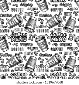 Seamless vector pattern with coffee paper cups and word collage. Black-and-white illustration in ink hand drawn style on white background.