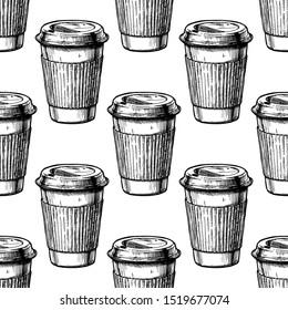 Seamless vector pattern with coffee paper cups. Black-and-white illustration in ink hand drawn style on white background.
