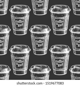 Seamless vector pattern with coffee paper cups. Black-and-white illustration in ink hand drawn style on black background.