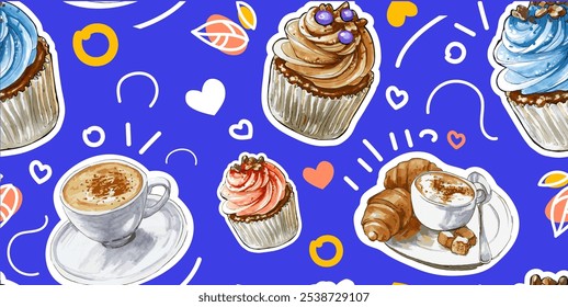 Patrón de Vector sin fisuras de café y pasteles en el fondo azul. Sabroso croissant, cupcake, una taza de café. Deliciosa comida de desayuno plana dibujada a mano ilustración Fondo de pantalla, embalaje, Anuncio, blog