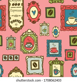 Seamless vector pattern with coffee pictures on pastel pink background. Cafe house wallpaper design with bright colours. Vintage picture frames on wall.