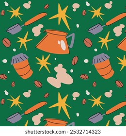 Seamless vector pattern with coffee portafilters for coffee machine, steam, cup, teapot. Trendy autumn color palette. Texture for wallpaper, wrapping paper, and textile design.