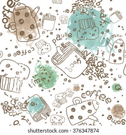 Seamless Vector Pattern with Coffee Pots, Muffins and Books and Watercolor Scribbles Spots. Isolated on White.