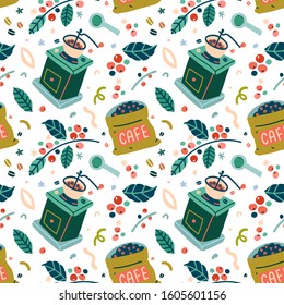 Seamless vector pattern for coffee shop, colorful vector background made of illustrations of manual coffee grinder and bag full of fresh beans, decorative backdrop with coffee leaves and berries.