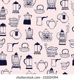 The seamless vector pattern with coffee and tea kettles. Cups, sweets, candies. Food and drinks. Hand drawn vector background