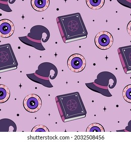 seamless vector pattern, collection halloween elements, magic hat, books and evil eyes, purple mystical backgrounds
