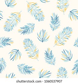 Seamless vector pattern with coloful pine branches in blue and gold colors. Floral background for fabric, wallpapers, gift wrapping paper, scrapbooking.