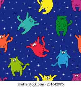 Seamless vector pattern with color amusing cats on a background of blue starry sky
