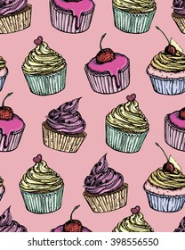 Seamless vector pattern with color cake in doodle sketch style on pink background. Perfect for printing, cloth design, wallpaper, wrapping, textures, menu, restaurant, cafe, kitchen, birthday, site.