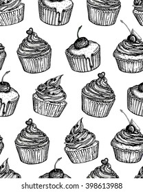 Seamless vector pattern with color cake in doodle sketch style on white background. Perfect for printing, cloth design, wallpaper, wrapping, textures, menu, restaurant, cafe, kitchen, birthday, site.