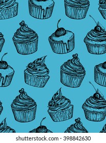 Seamless vector pattern with color cake in doodle sketch style on blue background. Perfect for printing, cloth design, wallpaper, wrapping, textures, menu, restaurant, cafe, kitchen, birthday, site.