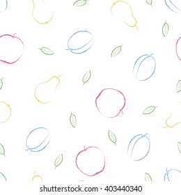 Seamless vector pattern with color crayons drawings fruits . Hand-drawn style. 