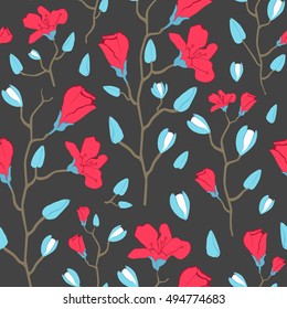 Seamless vector pattern with color decorative flowers and stylish stems