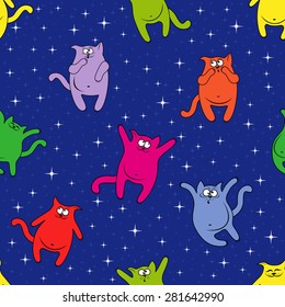 Seamless vector pattern with color funny cats on a background of blue starry sky