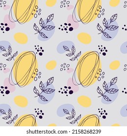 seamless vector pattern with color spots and doodle leaves