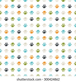 Seamless vector pattern:  colored animal footprint: orange, blue, green and grey.