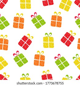 Seamless vector pattern of colored boxes with gifts with bows. Gifts for the new year, birthday, holidays. Packaging. Flat. Doodly. Digital illustration.