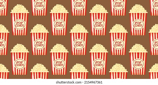 Seamless vector pattern of colored buckets popcorn background. Fun popcorn print. Delicious sweet snack.