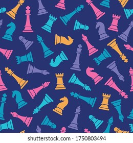 Seamless vector pattern with colored chess on blue. Chess pieces seamless print. Vector illustration set of chess pieces. Background of chess game.