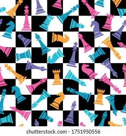 Seamless vector pattern with colored chess on checkered chess background. Chess pieces seamless print. Vector illustration. Background of chess game.