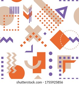 Seamless vector pattern of colored, decorative geometric shapes and elements, in orange and purple colors on a white background.
