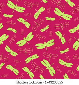 Seamless vector pattern with colored dragonflies. Light green silhouettes and outlines insects on a burgundy background. Stock illustration. For designs backdrops, cards, textiles, packaging, fabric.