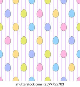 Seamless vector pattern with colored eggs. Happy Easter bright colouring illustration. For decorate packaging, wrapping paper, fabric, textile, wallpaper.
