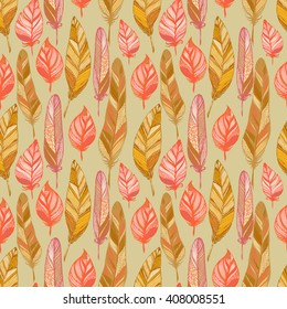 Seamless vector pattern with colored feathers. Hand drawn illustration. Bohemian  style feathers for prints, cards, wrapping,  fabric and other seamless design. Seamless texture of graphic feather.